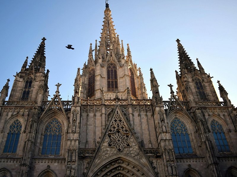 The spires of Barcelona Cathedral seen from below